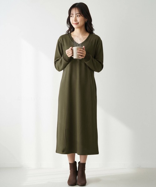 セール】ワンピース 裏起毛 長袖 ロング ミモレ丈ワンピース 裏起毛