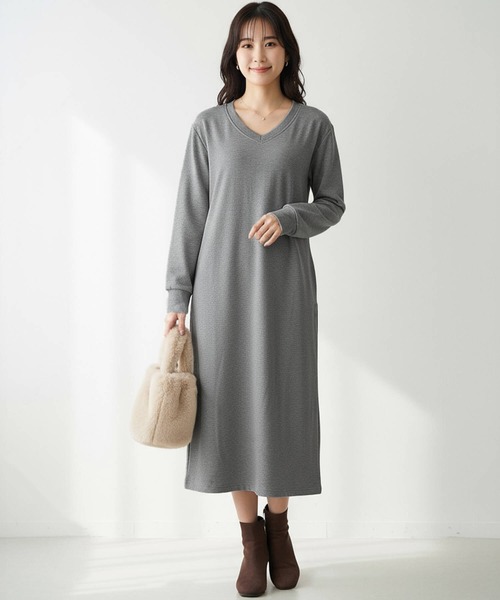 セール】ワンピース 裏起毛 長袖 ロング ミモレ丈ワンピース 裏起毛