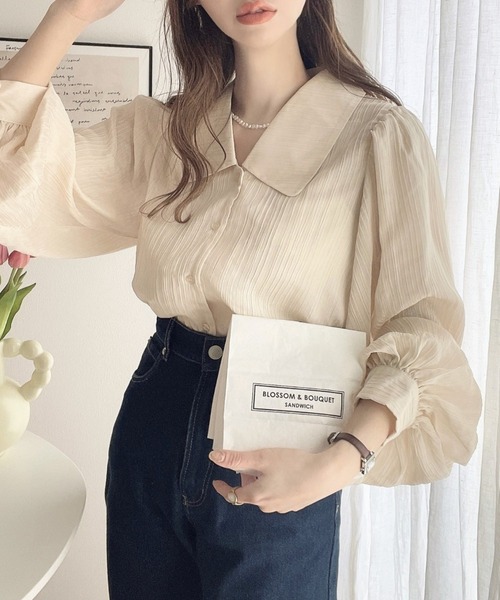 moment+(モーメントプラス)の「【累計販売枚数2万枚突破!】シアーランダムプリーツレトロカラー長袖ボリュームスリーブブラウス(シャツ/ブラウス・レディース・ピンク/グレイッシュベージュ/ブラック/ナチュラル/オフホワイト/ブルー・M/L)」の21枚目の写真