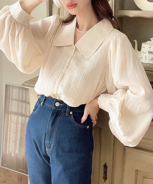 moment+(モーメントプラス)の「【累計販売枚数2万枚突破!】シアーランダムプリーツレトロカラー長袖ボリュームスリーブブラウス(シャツ/ブラウス・レディース・ピンク/グレイッシュベージュ/ブラック/ナチュラル/オフホワイト/ブルー・M/L)」の19枚目の写真