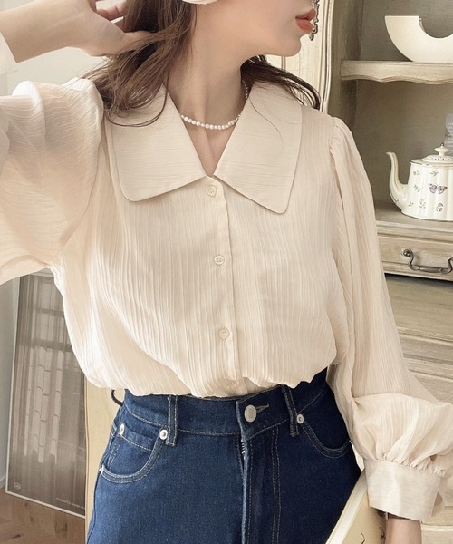 moment+(モーメントプラス)の「【累計販売枚数2万枚突破!】シアーランダムプリーツレトロカラー長袖ボリュームスリーブブラウス(シャツ/ブラウス・レディース・ピンク/グレイッシュベージュ/ブラック/ナチュラル/オフホワイト/ブルー・M/L)」の16枚目の写真