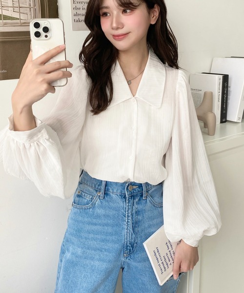 moment+(モーメントプラス)の「【累計販売枚数2万枚突破!】シアーランダムプリーツレトロカラー長袖ボリュームスリーブブラウス(シャツ/ブラウス・レディース・ピンク/グレイッシュベージュ/ブラック/ナチュラル/オフホワイト/ブルー・M/L)」の8枚目の写真