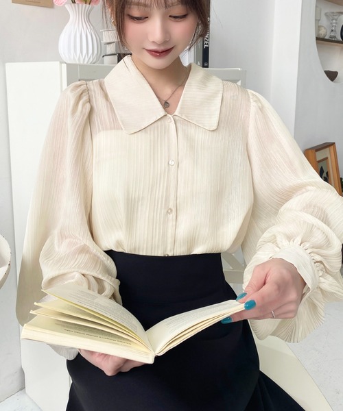 専用♡オーストラリア ふんわりボリュームのプリーツフレアスリーブ パールシャツ チュールフリルフレアスリーブTシャツ(980-29131)