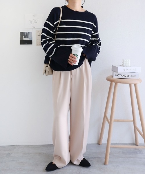 andme（アンドミー）の「リネンタッチボーダー長袖ニットトップス（ニット/セーター・レディース・ネイビー×ホワイト/ベージュ系/ホワイト×イエロー/ホワイト×ブラック・M）」の7枚目の写真