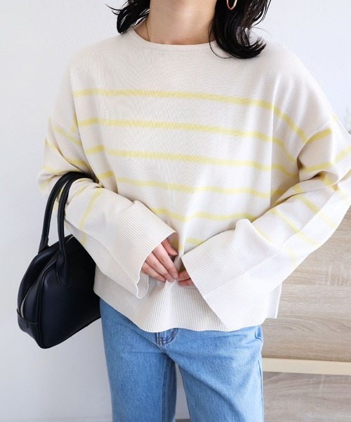 andme（アンドミー）の「リネンタッチボーダー長袖ニットトップス（ニット/セーター・レディース・ネイビー×ホワイト/ベージュ系/ホワイト×イエロー/ホワイト×ブラック・M）」の8枚目の写真