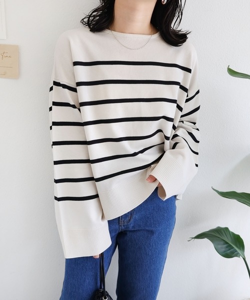 andme（アンドミー）の「リネンタッチボーダー長袖ニットトップス（ニット/セーター・レディース・ネイビー×ホワイト/ベージュ系/ホワイト×イエロー/ホワイト×ブラック・M）」の10枚目の写真