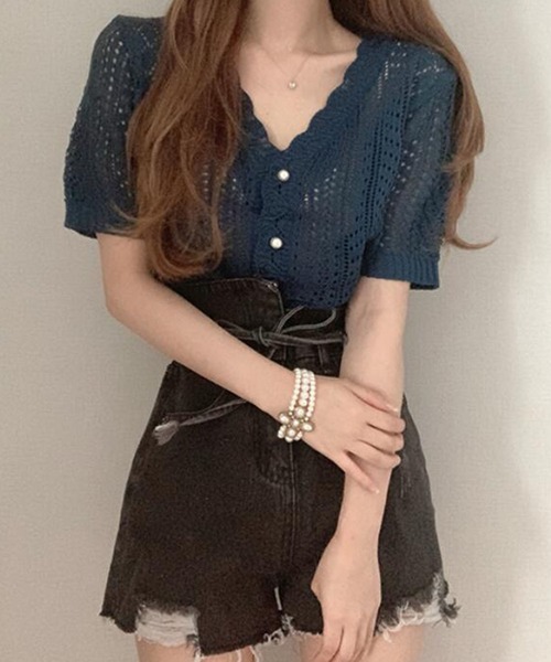 Girly Doll(ガーリードール)の「クロシェ編みカーディガン(カーディガン/ボレロ・レディース・イエロー/モカ/ネイビー/ホワイト/レッド/ブラック・F)」の12枚目の写真
