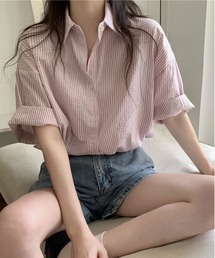 綿ストライプ半袖シャツ