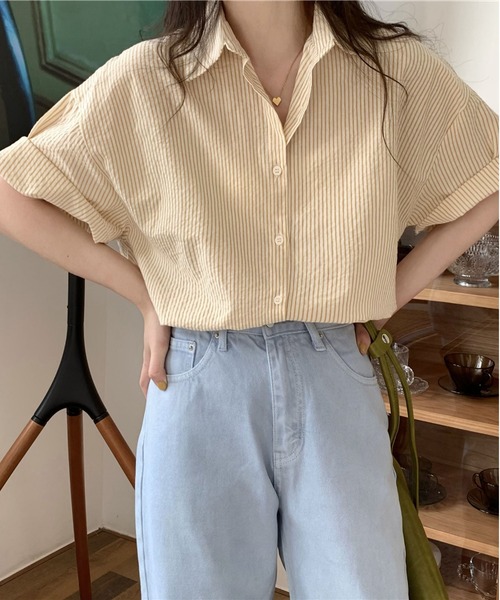 LOPASS（ロパス）の「綿ストライプ半袖シャツ（シャツ/ブラウス・レディース・ベージュ/ブルー/グリーン/ピンク・M）」の6枚目の写真
