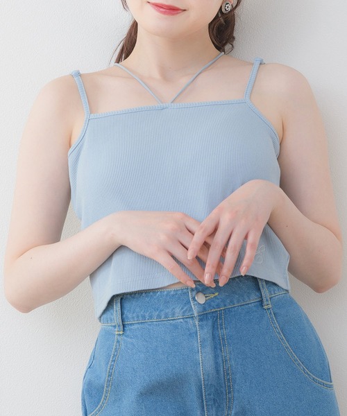 ems excite(エムズエキサイト)の「裾刺繍カップインキャミ(Tシャツ/カットソー・レディース・ブラック/オフホワイト/ブラック系その他3/ブルー・FREE)」の1枚目の写真