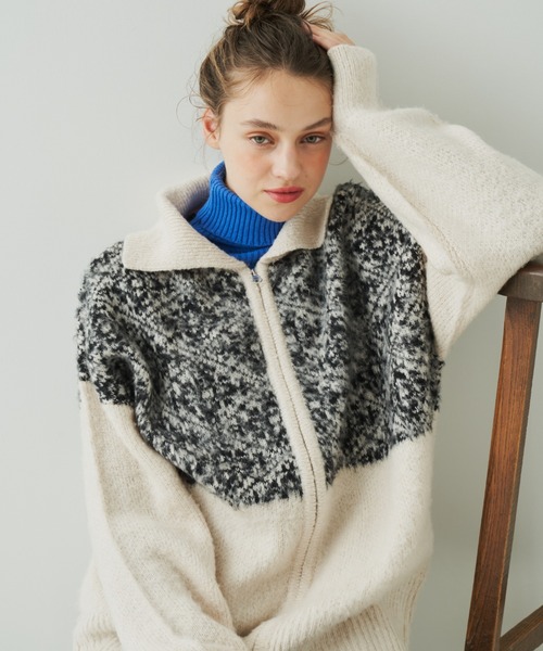 EDIT Gris（エディットグリ）の「切り替えジャガードジップニットカーディガン（カーディガン/ボレロ・レディース・アイボリー・FREE）」の2枚目の写真