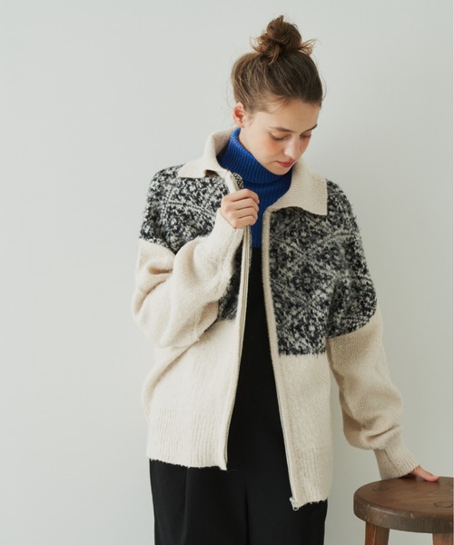 EDIT Gris（エディットグリ）の「切り替えジャガードジップニットカーディガン（カーディガン/ボレロ・レディース・アイボリー・FREE）」の3枚目の写真