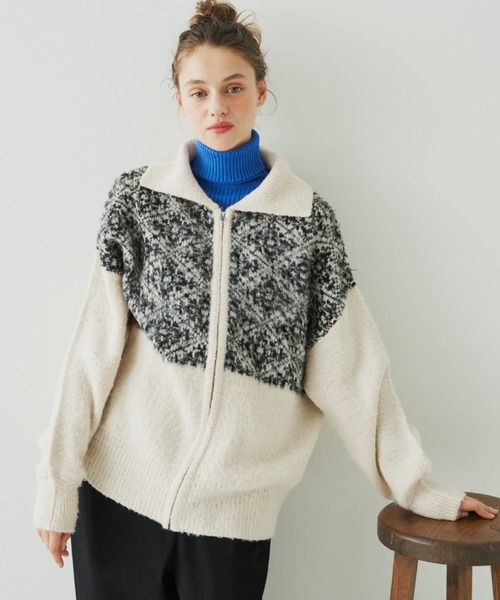EDIT Gris（エディットグリ）の「切り替えジャガードジップニットカーディガン（カーディガン/ボレロ・レディース・アイボリー・FREE）」の8枚目の写真