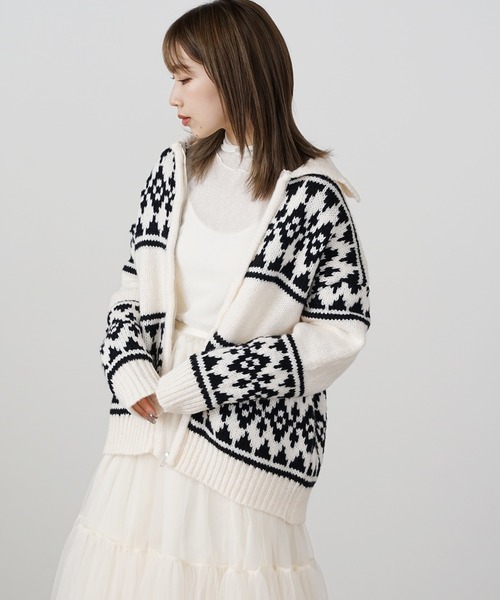 AO2（アオズ）の「Cowichan like knit / カウチン風ニットブルゾン（カーディガン/ボレロ・レディース・アイボリー/グレー・FREE）」の3枚目の写真