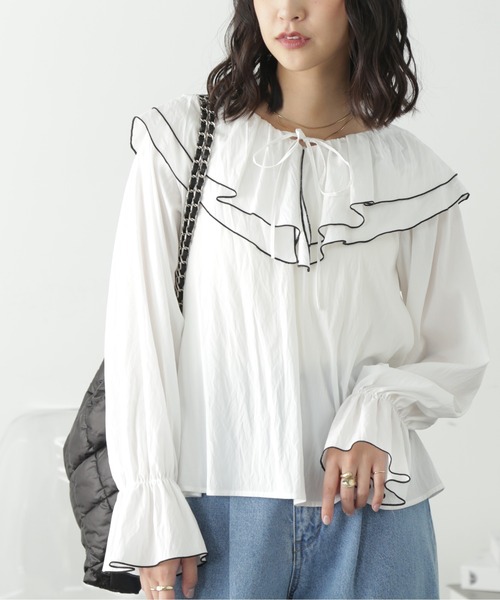 FREE'S MART（フリーズマート）の「フリルダブルカラーメローブラウス（シャツ/ブラウス・レディース・ブルー系その他/サックスブルー/ホワイト・FREE）」の5枚目の写真