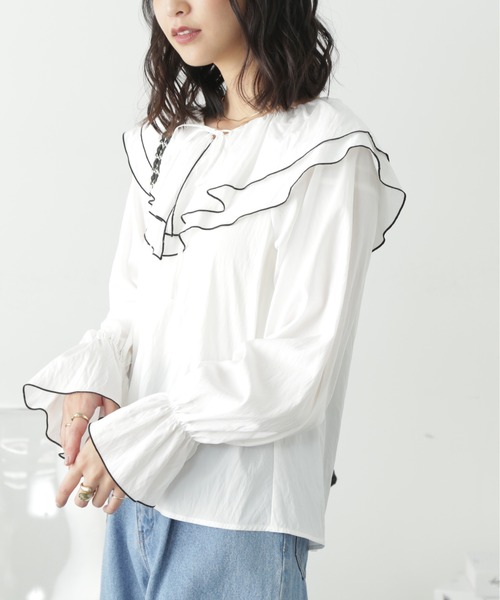 FREE'S MART（フリーズマート）の「フリルダブルカラーメローブラウス（シャツ/ブラウス・レディース・ブルー系その他/サックスブルー/ホワイト・FREE）」の12枚目の写真