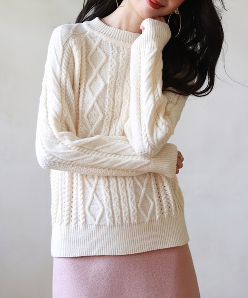 SAISON DE PAPILLON(セゾンドパピヨン)の「ラグランスリーブ変形編みニットプルオーバー(ニット/セーター・レディース・アイボリー/ピンク/ブラウン・M/L)」の9枚目の写真