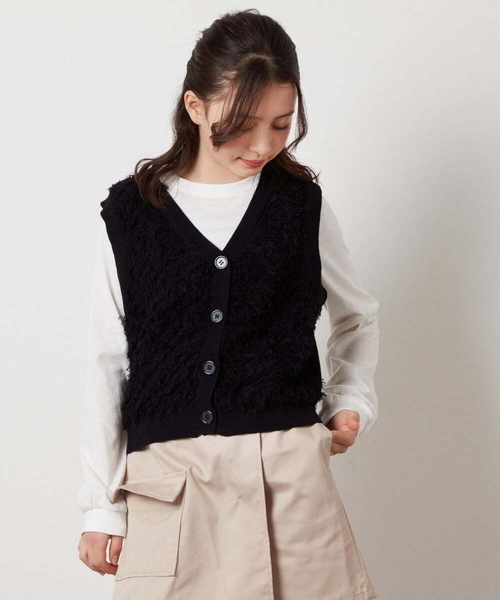 a.v.v（アーヴェヴェ）の「[130]【2点セット】フリンジニットベストセット（ベスト・キッズ・ホワイト/ブラック・130）」の2枚目の写真