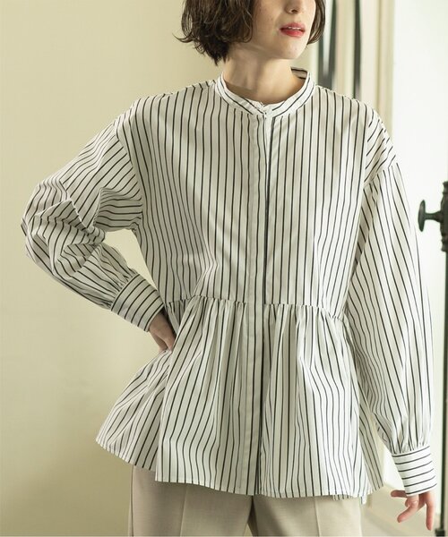 OPAQUE.CLIP(オペークドットクリップ)の「◆≪美人百花掲載≫ バンドカラーペプラムシャツブラウス/ストライプ柄アソート【洗濯機洗い可】(シャツ/ブラウス・レディース・ホワイト/ブルー系7/ホワイト系3/ピンク・36/42/40/38)」の20枚目の写真