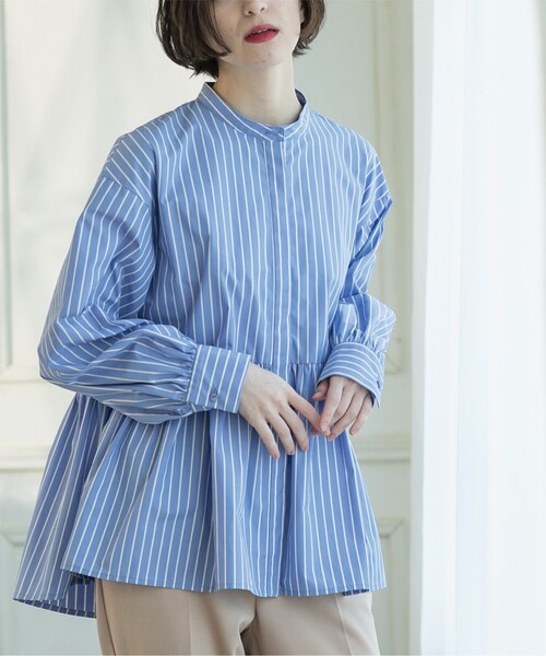 OPAQUE.CLIP(オペークドットクリップ)の「◆≪美人百花掲載≫ バンドカラーペプラムシャツブラウス/ストライプ柄アソート【洗濯機洗い可】(シャツ/ブラウス・レディース・ホワイト/ブルー系7/ホワイト系3/ピンク・36/42/40/38)」の16枚目の写真