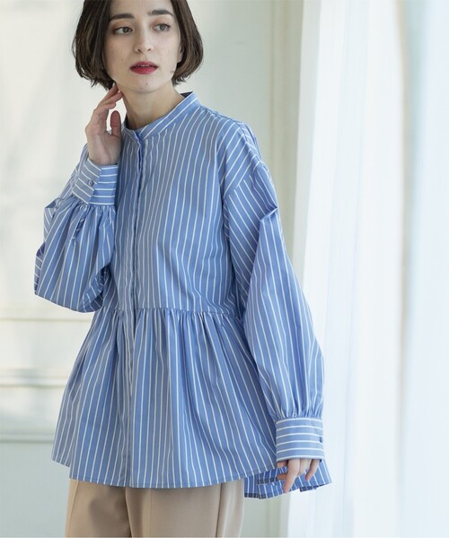 OPAQUE.CLIP(オペークドットクリップ)の「◆≪美人百花掲載≫ バンドカラーペプラムシャツブラウス/ストライプ柄アソート【洗濯機洗い可】(シャツ/ブラウス・レディース・ホワイト/ブルー系7/ホワイト系3/ピンク・36/42/40/38)」の7枚目の写真