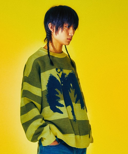 NICE GHOST CLUB(ナイスゴーストクラブ)の「A'GEM/9 × .kom『NICE GHOST CLUB/ナイスゴーストクラブ』 BABY DEVIL STRIPE KNIT/ベビーデビル ストライプ ニット(ニット/セーター・メンズ・ピンク/イエロー・M/L)」の3枚目の写真