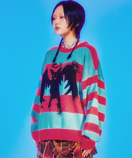 NICE GHOST CLUB(ナイスゴーストクラブ)の「A'GEM/9 × .kom『NICE GHOST CLUB/ナイスゴーストクラブ』 BABY DEVIL STRIPE KNIT/ベビーデビル ストライプ ニット(ニット/セーター・メンズ・ピンク/イエロー・M/L)」の5枚目の写真