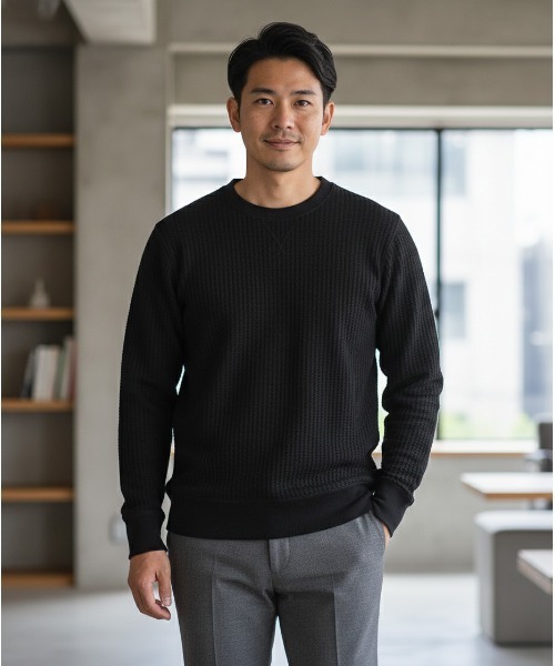 JEMORGAN（ジェーイーモーガン）の「【JEMORGAN / ジェーイーモーガン】ビッグワッフルトレーナー（スウェット・メンズ・サックスブルー/カーキ/ブラック/ブルー/ピンク/グリーン/杢グレー/オフホワイト/ホワイト系/ブルーグリーン/チャコールグレー/ダークオレンジ/ブラック系/モカ/ベージュ/オートミール/ネイビー/パープル/オレンジ/ブラウン・L/M/XL/S）」の3枚目の写真