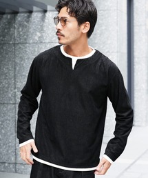 ジオメトリックジャガードフェイクキーネックロンT カットソー 長袖Tシャツ