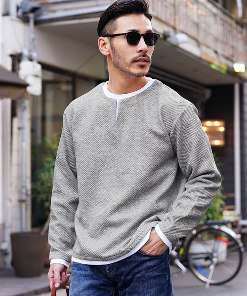 jiggys shop(ジギーズショップ)の「ジオメトリックジャガードフェイクキーネックロンT カットソー 長袖Tシャツ(Tシャツ/カットソー・メンズ・グレー/ブラック/ブラック系その他・LARGE/MEDIUM)」の3枚目の写真
