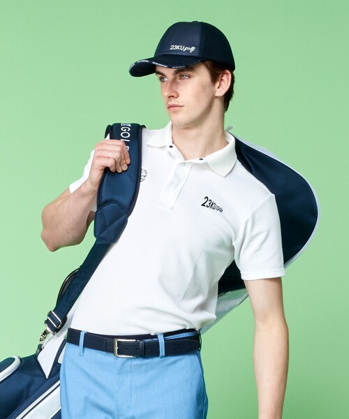 23区GOLF ニジュウサンクゴルフ 胸刺繍ロゴ 鹿の子ポロシャツ 紺 極美品 ◇23区GOLF ニジュウサンクゴルフ レディース 半袖ポロシャツ