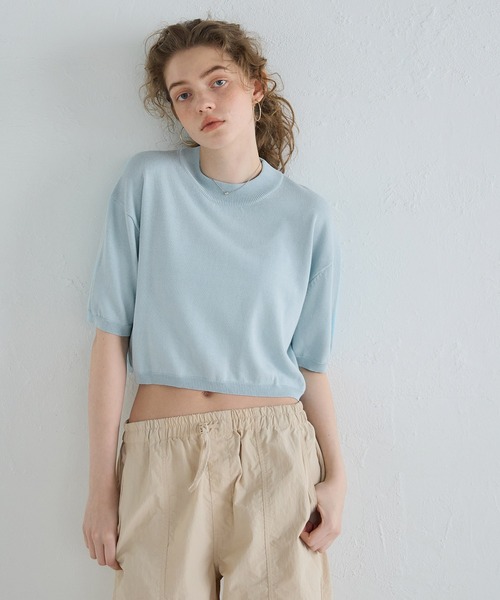 coca（coca）（コカ）の「クロップド丈サマーニットトップス（Tシャツ/カットソー・レディース・ライトベージュ/ライトブルー・L/M）」の6枚目の写真