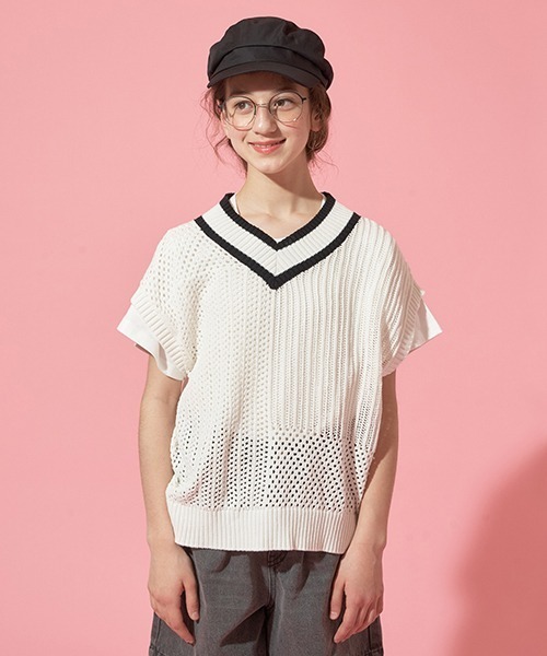 【セール】【AMI】パッチワーク編みメッシュベストセット（アンサンブル）｜pom ponette junior（ポンポネットジュニア）