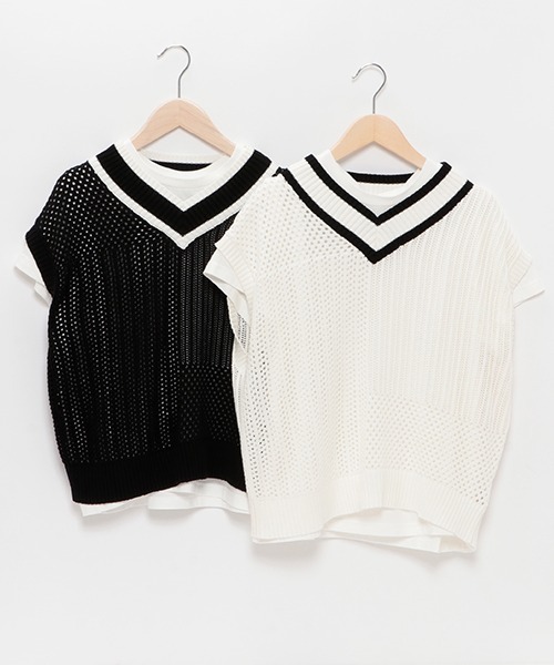 【セール】【AMI】パッチワーク編みメッシュベストセット（アンサンブル）｜pom ponette junior（ポンポネットジュニア）