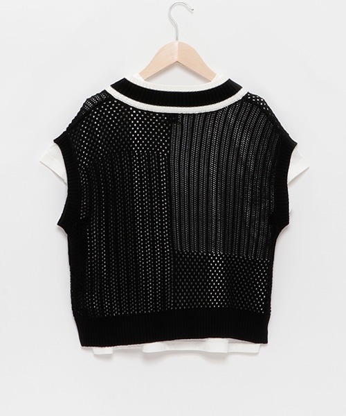 【セール】【AMI】パッチワーク編みメッシュベストセット（アンサンブル）｜pom ponette junior（ポンポネットジュニア）