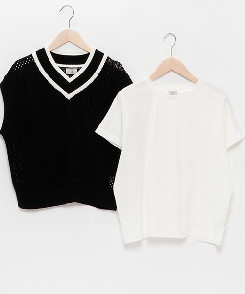 【セール】【AMI】パッチワーク編みメッシュベストセット（アンサンブル）｜pom ponette junior（ポンポネットジュニア）