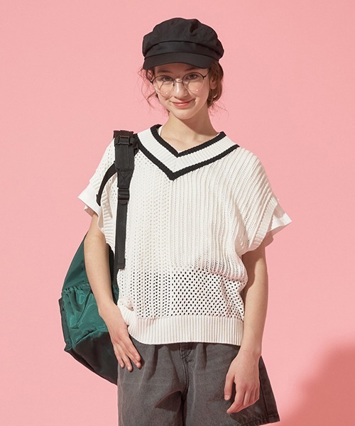 【セール】【AMI】パッチワーク編みメッシュベストセット（アンサンブル）｜pom ponette junior（ポンポネットジュニア）