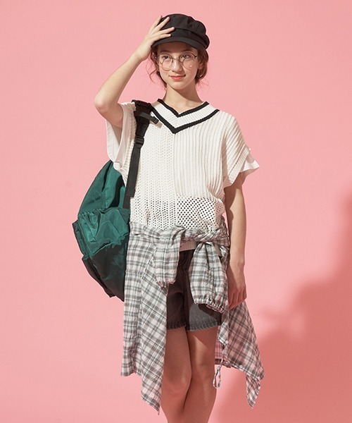 【セール】【AMI】パッチワーク編みメッシュベストセット（アンサンブル）｜pom ponette junior（ポンポネットジュニア）