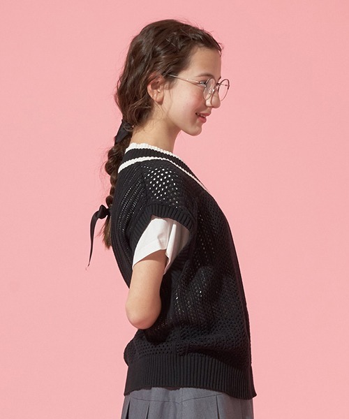 【セール】【AMI】パッチワーク編みメッシュベストセット（アンサンブル）｜pom ponette junior（ポンポネットジュニア）