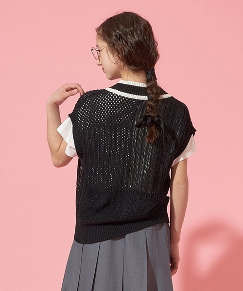 【セール】【AMI】パッチワーク編みメッシュベストセット（アンサンブル）｜pom ponette junior（ポンポネットジュニア）