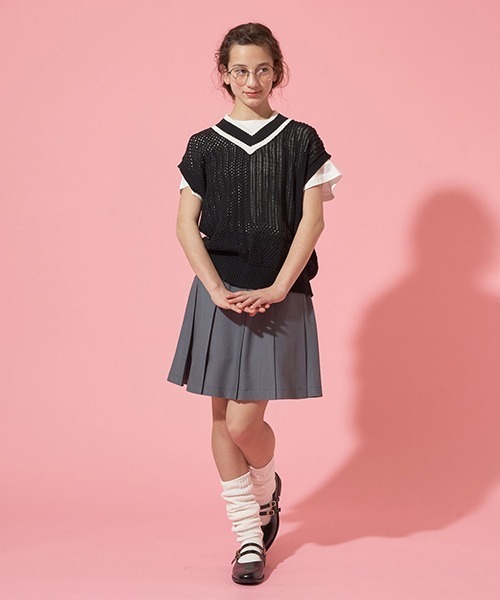 【セール】【AMI】パッチワーク編みメッシュベストセット（アンサンブル）｜pom ponette junior（ポンポネットジュニア）