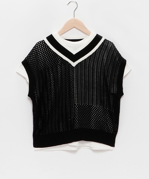 【セール】【AMI】パッチワーク編みメッシュベストセット（アンサンブル）｜pom ponette junior（ポンポネットジュニア）