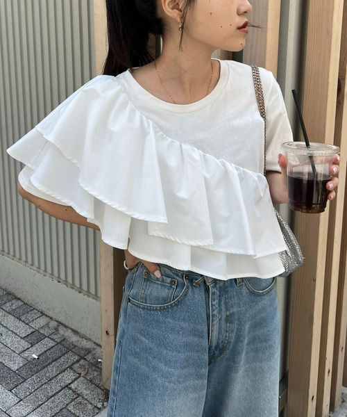 ◆人気！ガウディ◆可愛いアシメフリルデザイン！白コットンストレッチTシャツ！XS ◇人気！ガウディ◇可愛いアシメフリルデザイン！白コットン