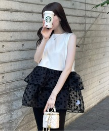 ドット柄ティアードフリル切替ノースリーブトップス［大人フェミニン ウィッシュコア］≪再入荷≫