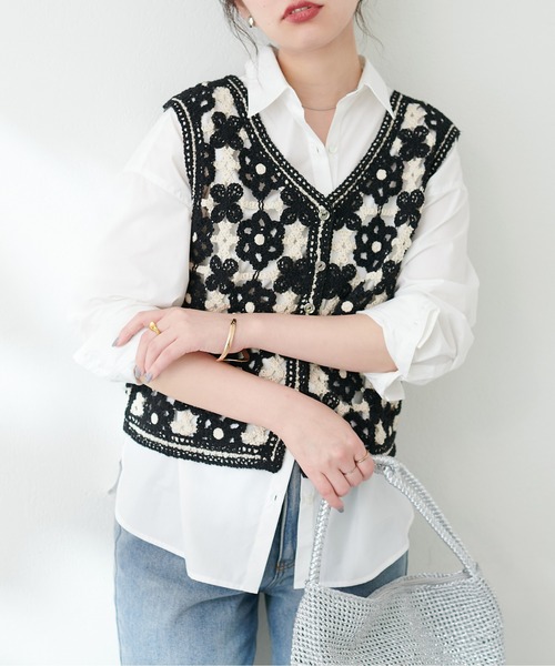 natural couture（ナチュラルクチュール）の「かぎ針編みベスト（ベスト・レディース・オフホワイト/ブラック・FREE）」の12枚目の写真