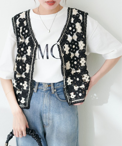 natural couture（ナチュラルクチュール）の「かぎ針編みベスト（ベスト・レディース・オフホワイト/ブラック・FREE）」の8枚目の写真