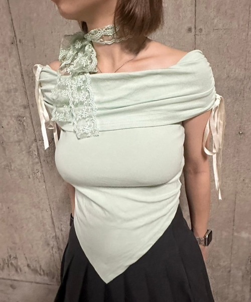 tシャツ A'GEM/9 × .kom 「.KOM/ドットケーオーエム」 リボンオフショルダートップ レディース KOM tシャツ A'GEM/9 × .kom 「.KOM/ドットケーオーエム