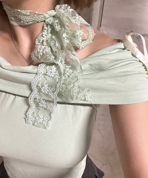 .KOM(ドットコム)の「A'GEM/9 × .kom 『.KOM/ドットケーオーエム』 リボンオフショルダートップ(Tシャツ/カットソー・レディース・グリーン/ブルー・FREE)」の5枚目の写真