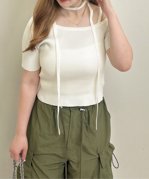 INGNI（イング）の「チョーカー付ワンショル半袖ニット（ニット/セーター・レディース・ブラック/オフホワイト/ブルー・M）」の15枚目の写真