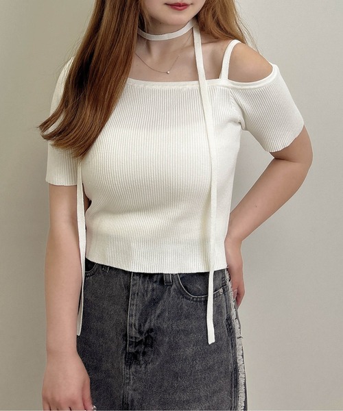 INGNI（イング）の「チョーカー付ワンショル半袖ニット（ニット/セーター・レディース・ブラック/オフホワイト/ブルー・M）」の22枚目の写真